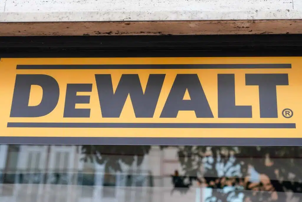 Close up of DeWalt signage on exterior of building.