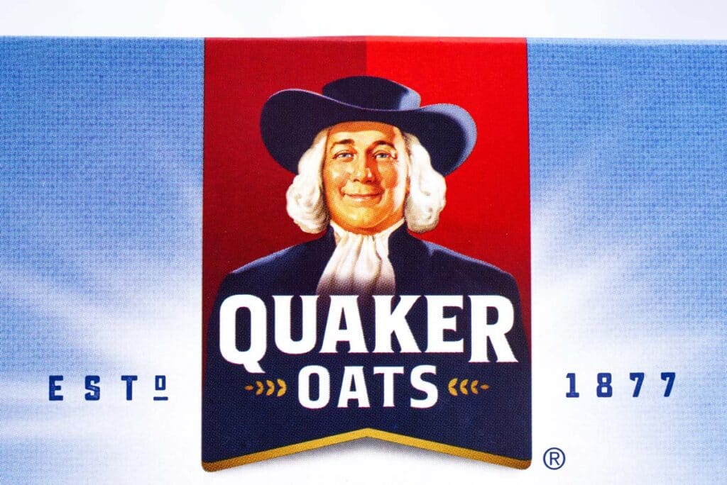 A close-up shot of the Quaker Oats company logo.