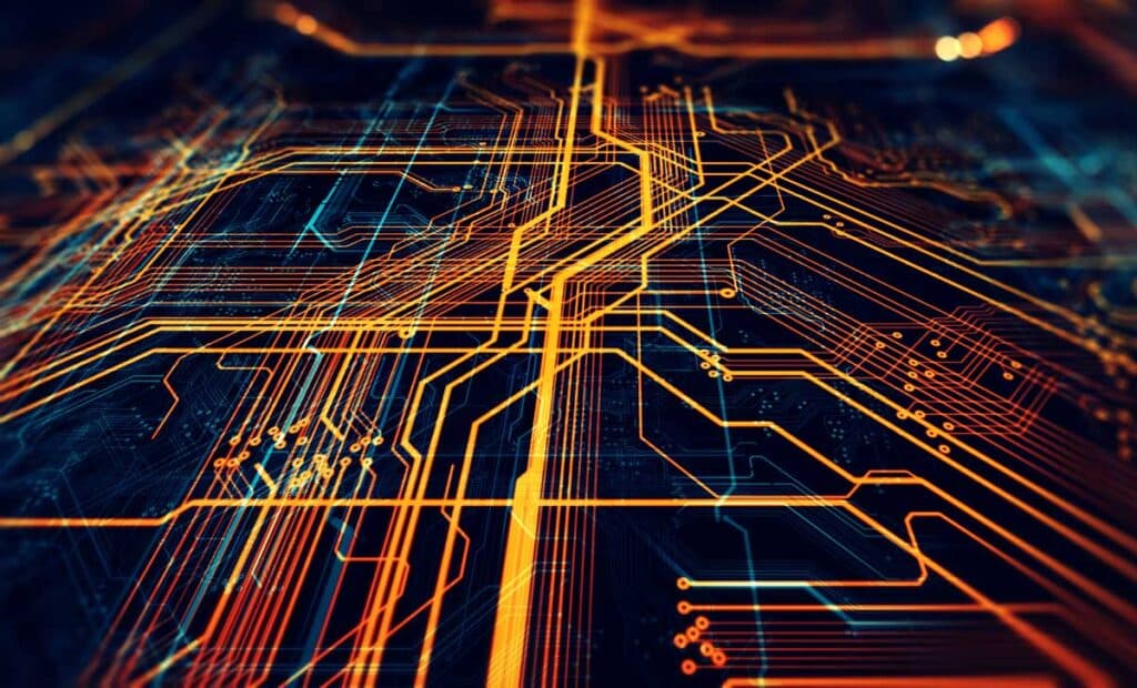 Technological background of the abstract computer motherboard, representing the Davaco data breach.