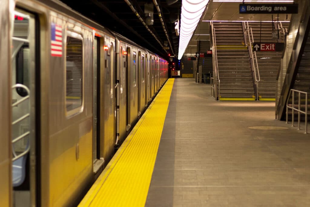 Inside an empty subway station in New York.