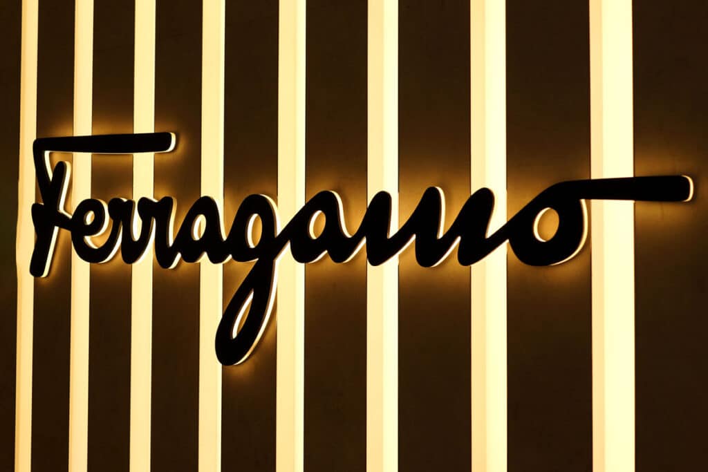 Close up of Ferragamo signage.