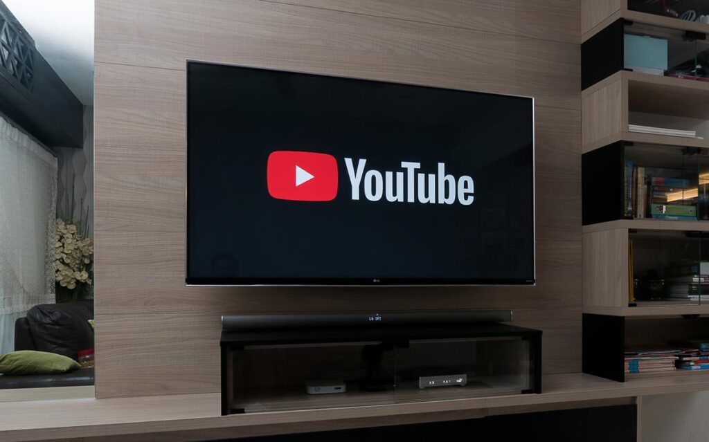 YouTube logo displayed on a TV inside a living room.