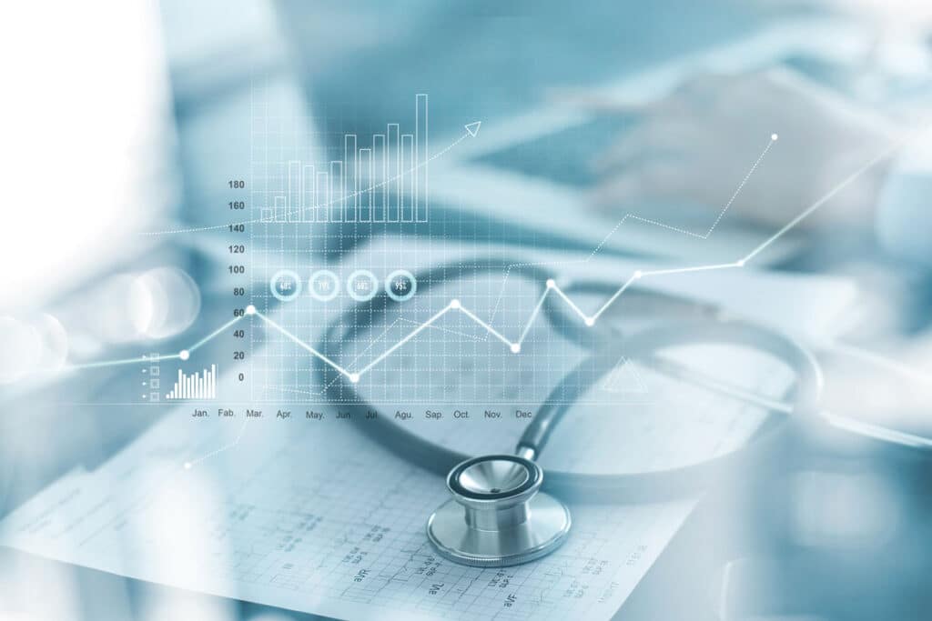 Stethoscope and other medical equipment with a data overlay.