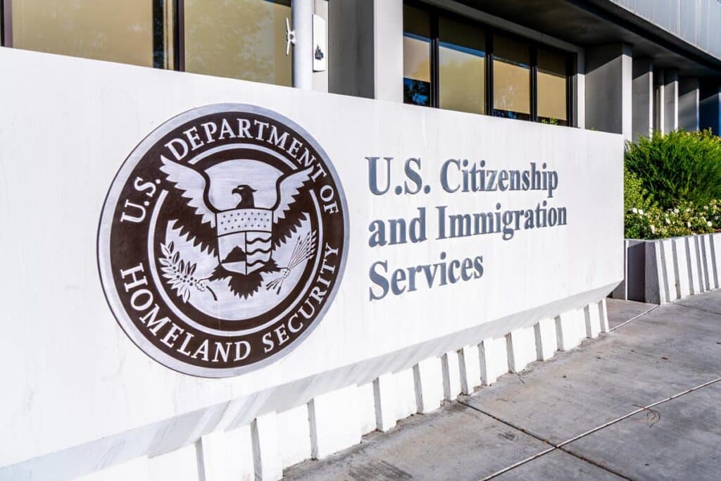 Close up of U.S. Citizenship and Immigration services signage.