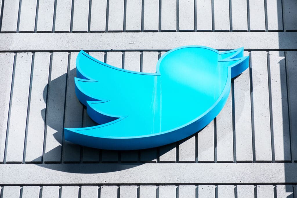 Close up of Twitter signage on a building in the city - Twitter class action