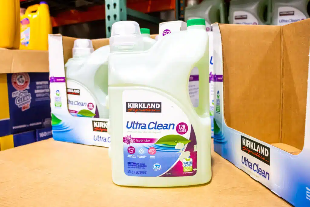 A view of several large containers of Kirkland Signature Ultra Clean laundry detergent on display at a local Costco.