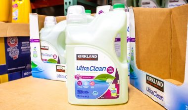A view of several large containers of Kirkland Signature Ultra Clean laundry detergent on display at a local Costco.