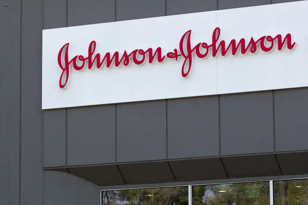 Close up of Johnson & Johnson signage on exterior of a building, representing the Wella Sebastian dry shampoo class action.