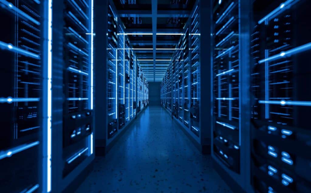 Server racks in computer network security server room, representing the Ambry Genetics data breach settlement.