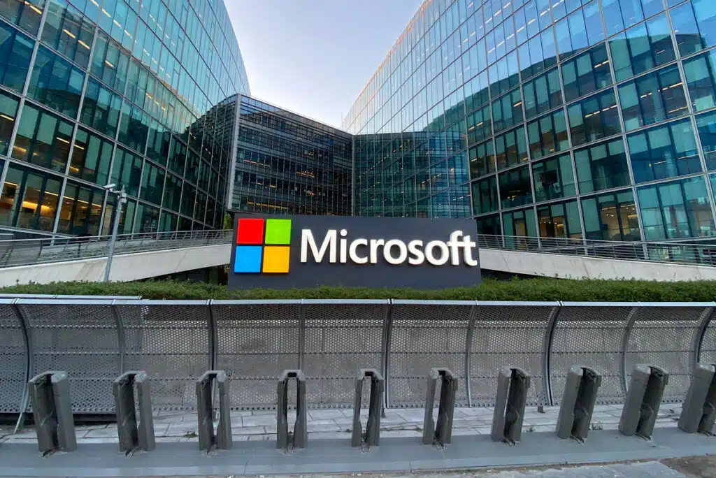 Microsoft signage the entrance of one of its locations, representing the company's planned merger with Activision Blizzard
