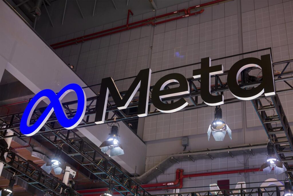 Close up of Meta signage at a convention event.