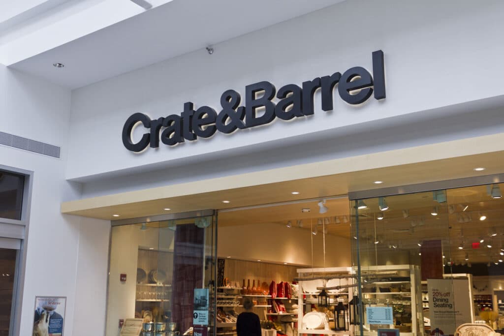 Close up of Crate & Barrel signage inside of a mall.