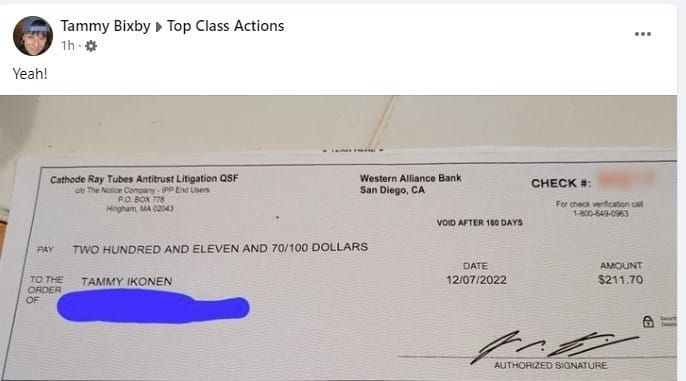 CRT Indirect Purchaser Check 1-12-23 class action settlement payments