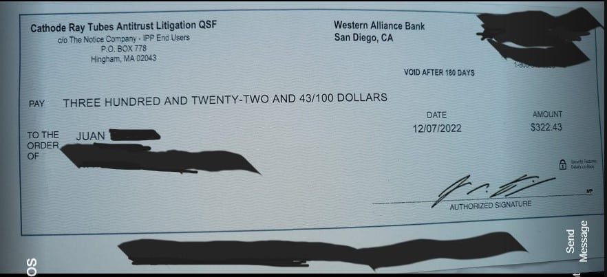 CRT Indirect Purchaser check 1-3-23 class action settlement payments
