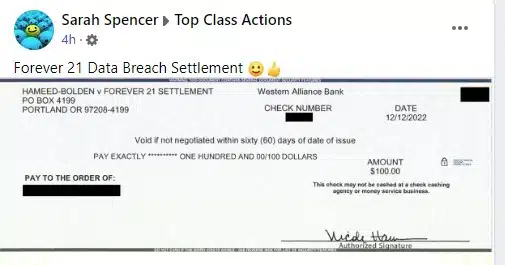 Forever 21 Data Breach FB 12-16-22 class action settlement payments