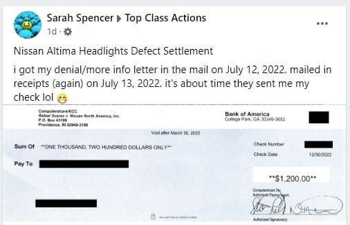 Nissan Headlight FB 1-9-23 class action settlement payments