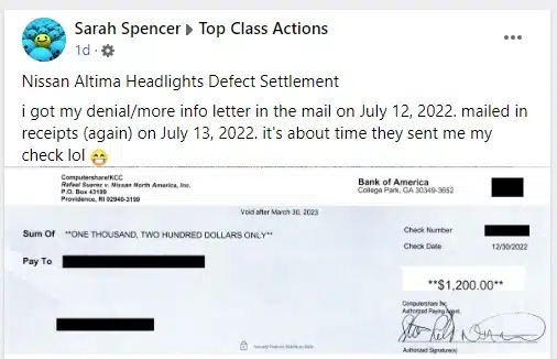 Nissan Headlight FB 1-9-23 class action settlement payments