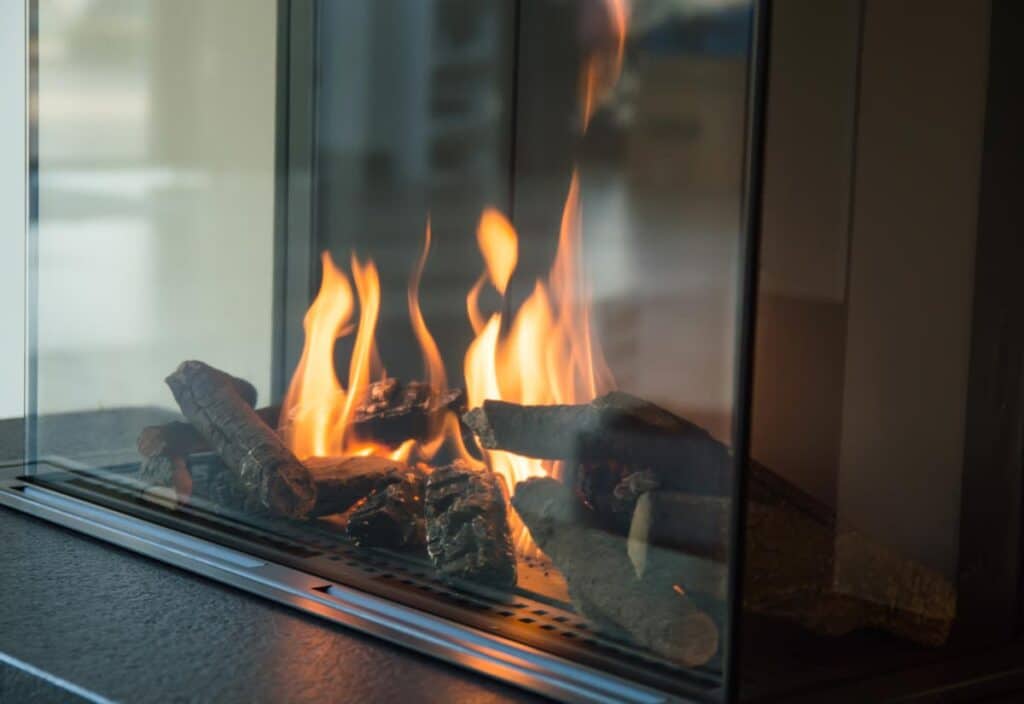 Close up of a gas fireplace.
