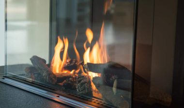 Close up of a gas fireplace.