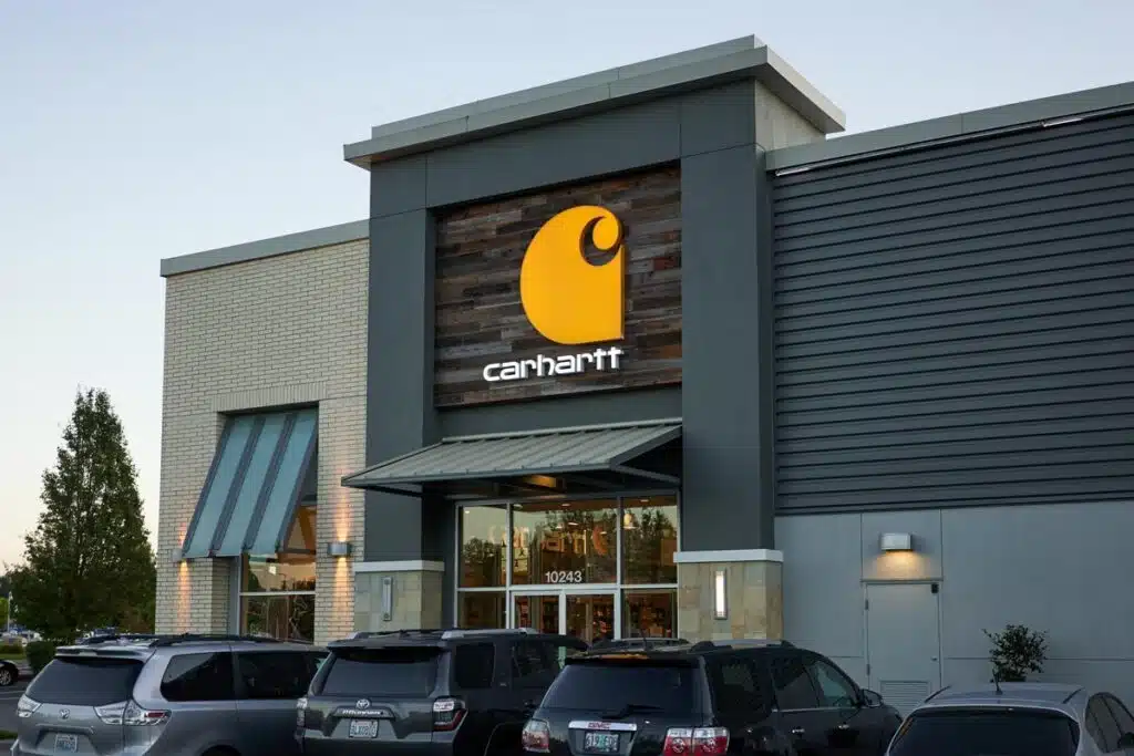 Close up of Carhartt signage.