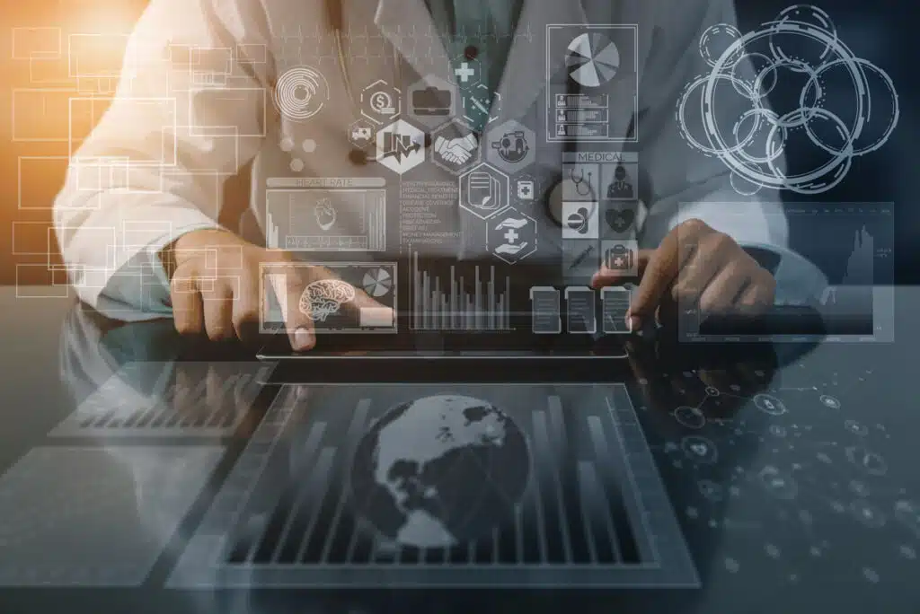 Close up of a doctor using an iPad with a technology network overlay.