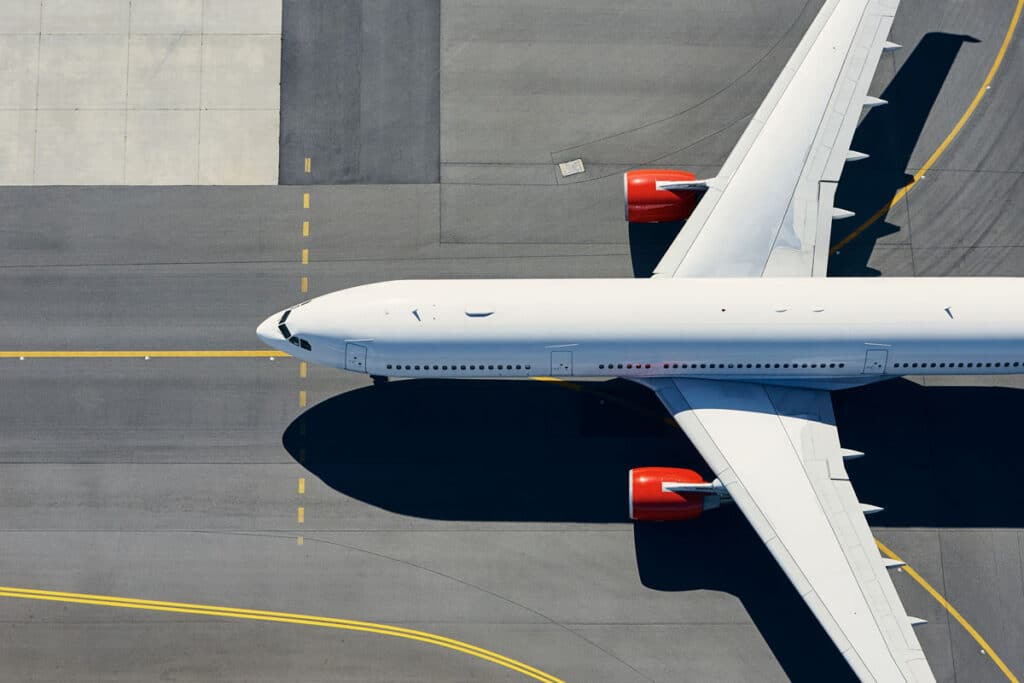 Aerial view of an airplane on the ground.