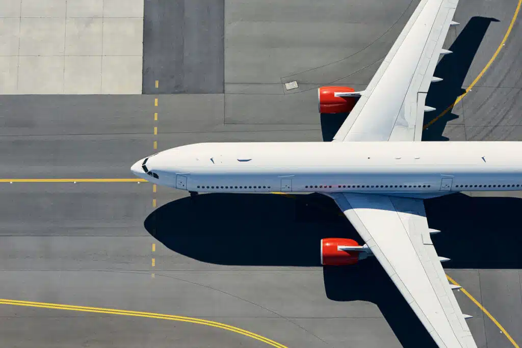 Aerial view of an airplane on the ground.