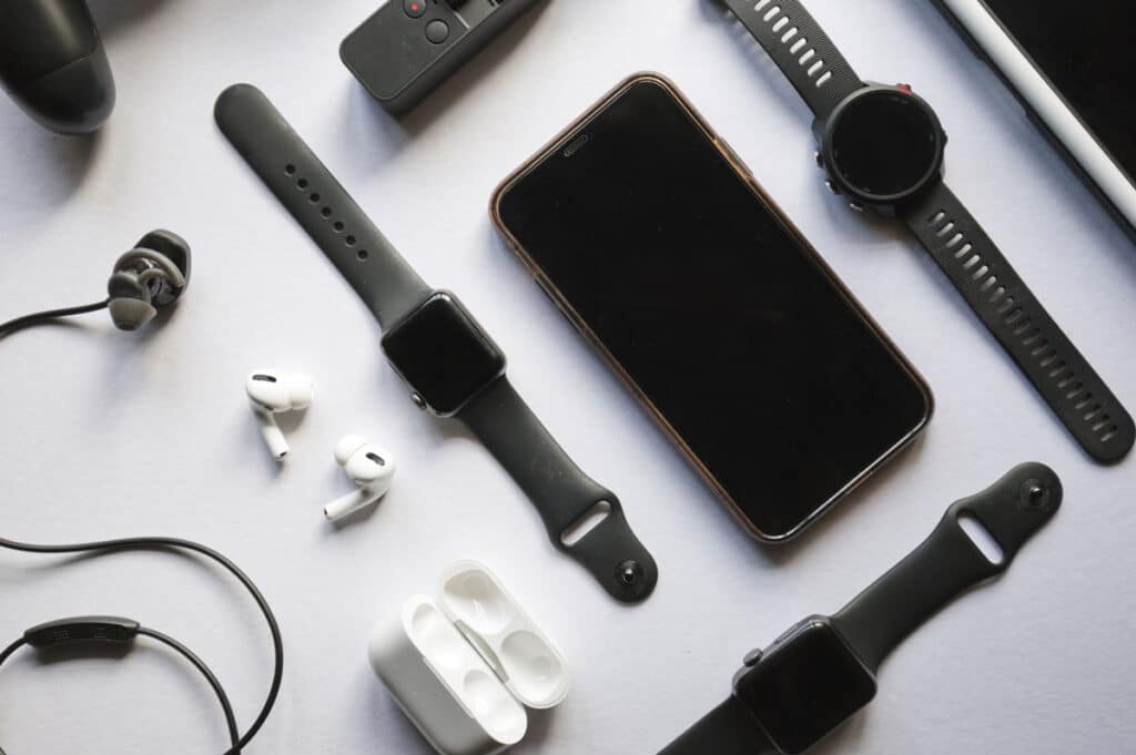 Various electronic devices a white backdrop.