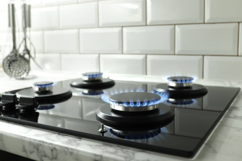 Closeup shot of blue fire from domestic kitchen stove top - gas stove ban