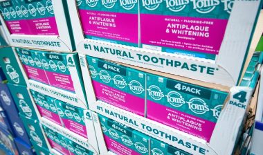 A view of several packages of Tom's of Maine toothpaste, on display at a local big box grocery store.