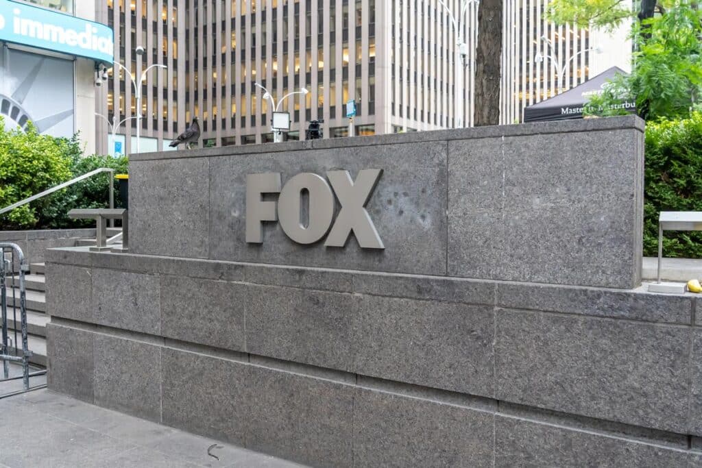 Fox News logo outside the network's NYC headquarters in New York.