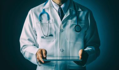 Doctor in a white labcoat and stethoscope holding a tablet, representing the Logan Health data breach settlement.