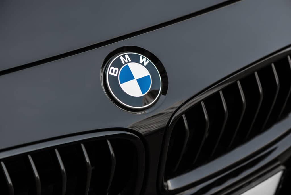 Close up of the BMW emeblem on front bumper.