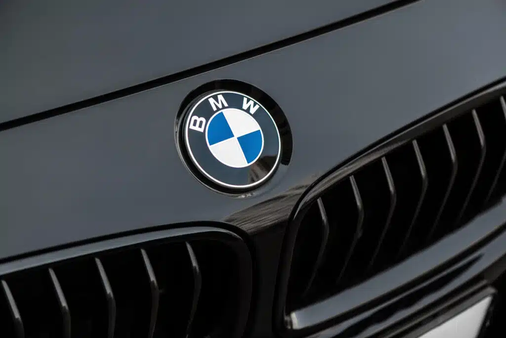 Close up of the BMW emeblem on front bumper.