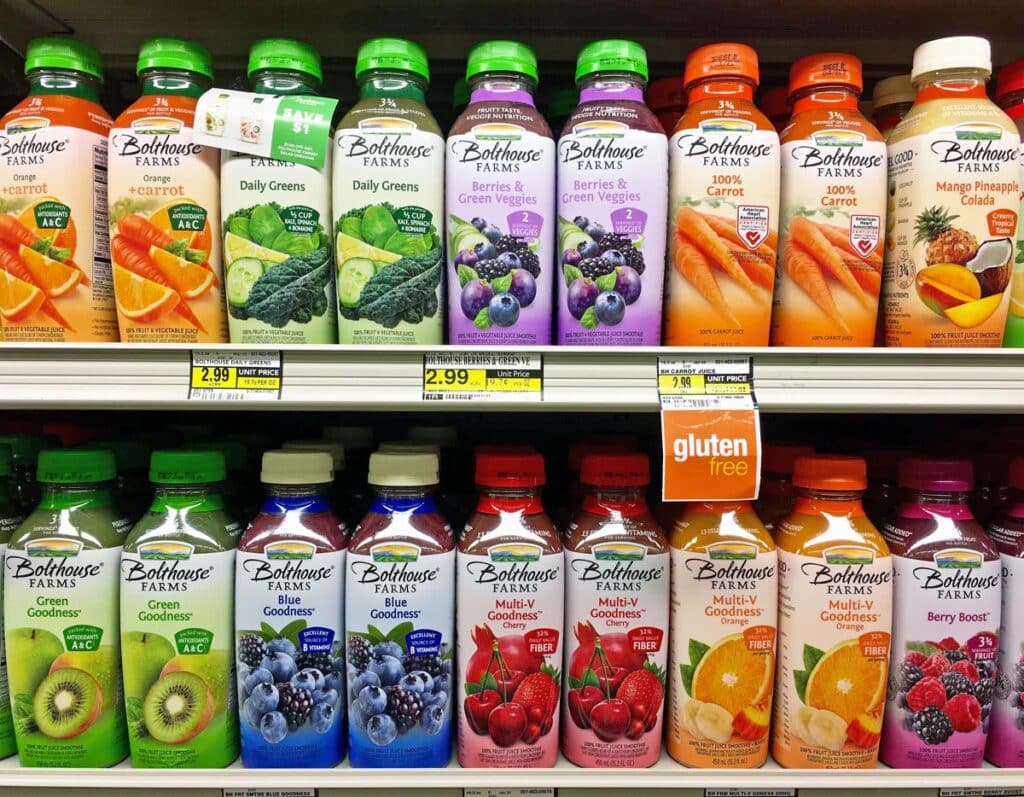 Various Bolthouse Farms products for sale on a grocery store shelf.