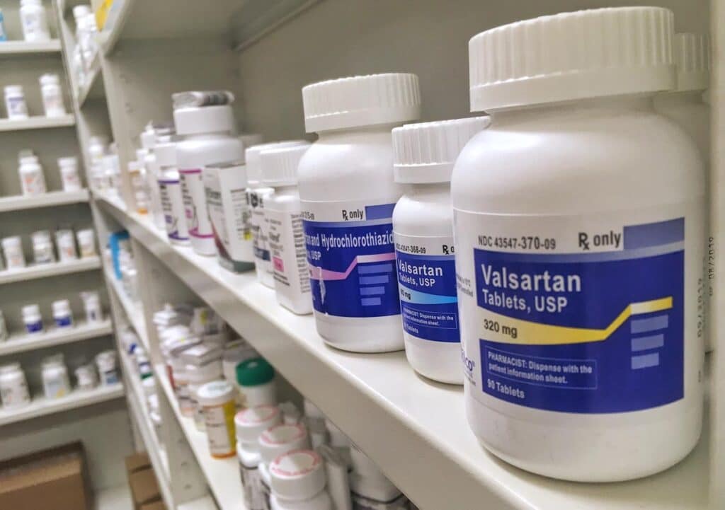 Close up of Valsartan bottles.