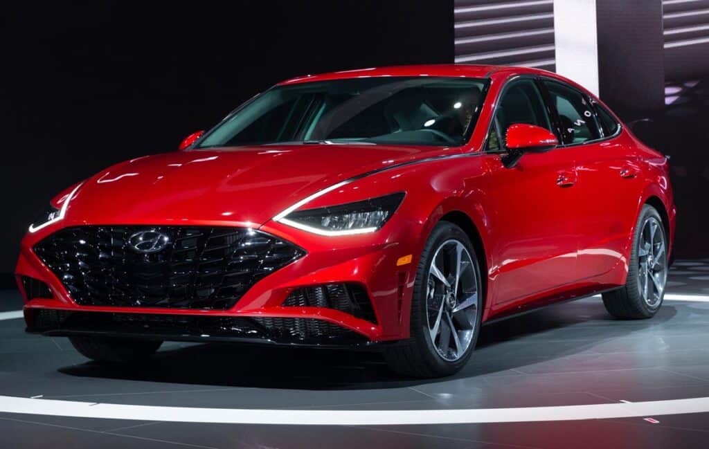 View of red Hyundai Sonata.