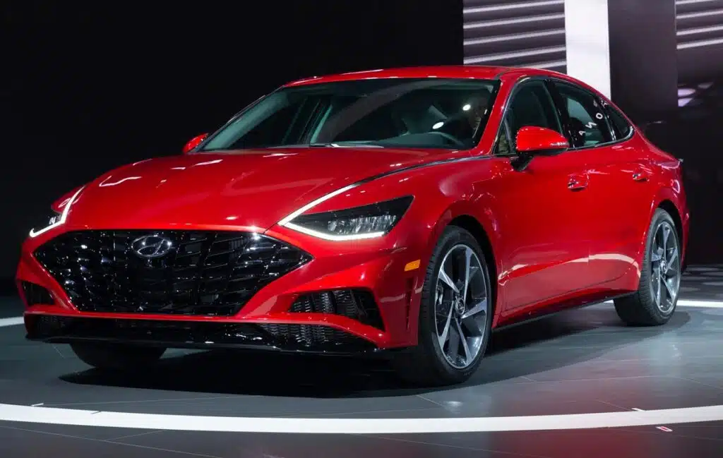 View of red Hyundai Sonata.