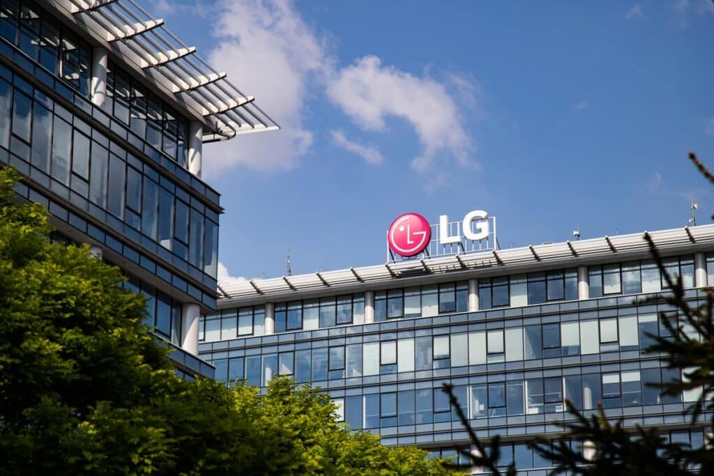 LG office building against a bright blue sky.