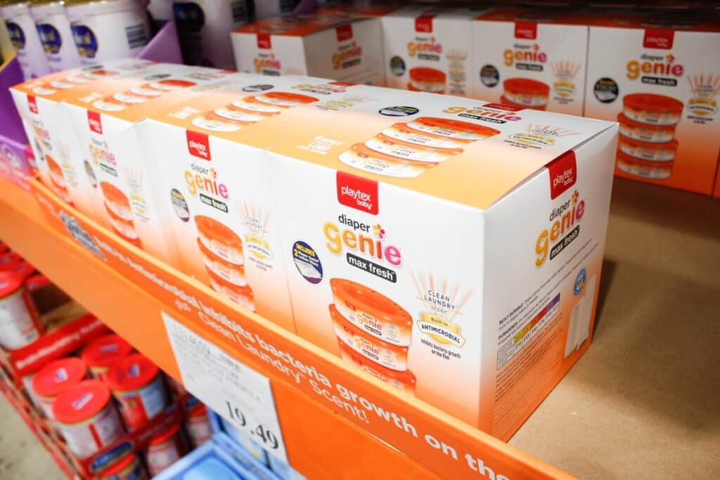 A view of several cases of Playtex Baby Genie Max Fresh refills on display at a local grocery store.