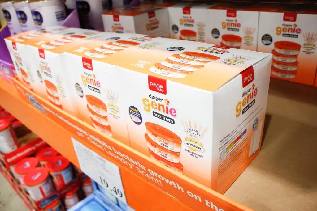 A view of several cases of Playtex Baby Genie Max Fresh refills on display at a local grocery store.