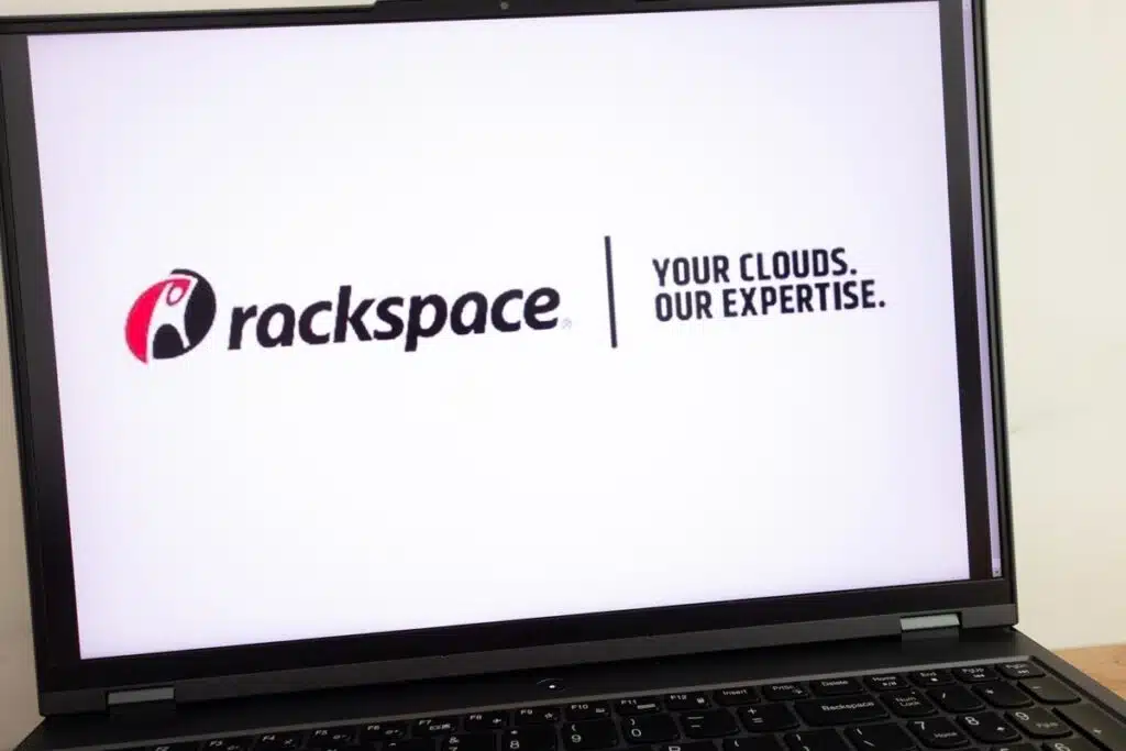 Rackspace Technology Inc cloud computing company logo displayed on laptop computer screen, representing the Rackspace data breach class action.