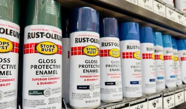 Rust-Oleum products on a grocery store shelf.