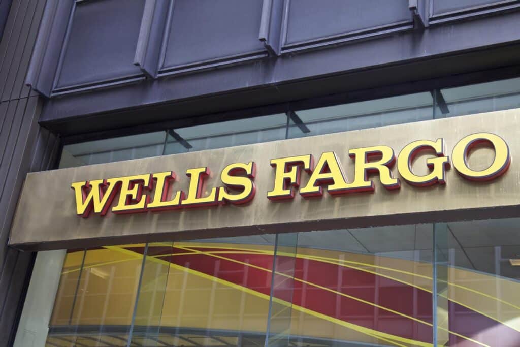 Close up of Wells Fargo signage.