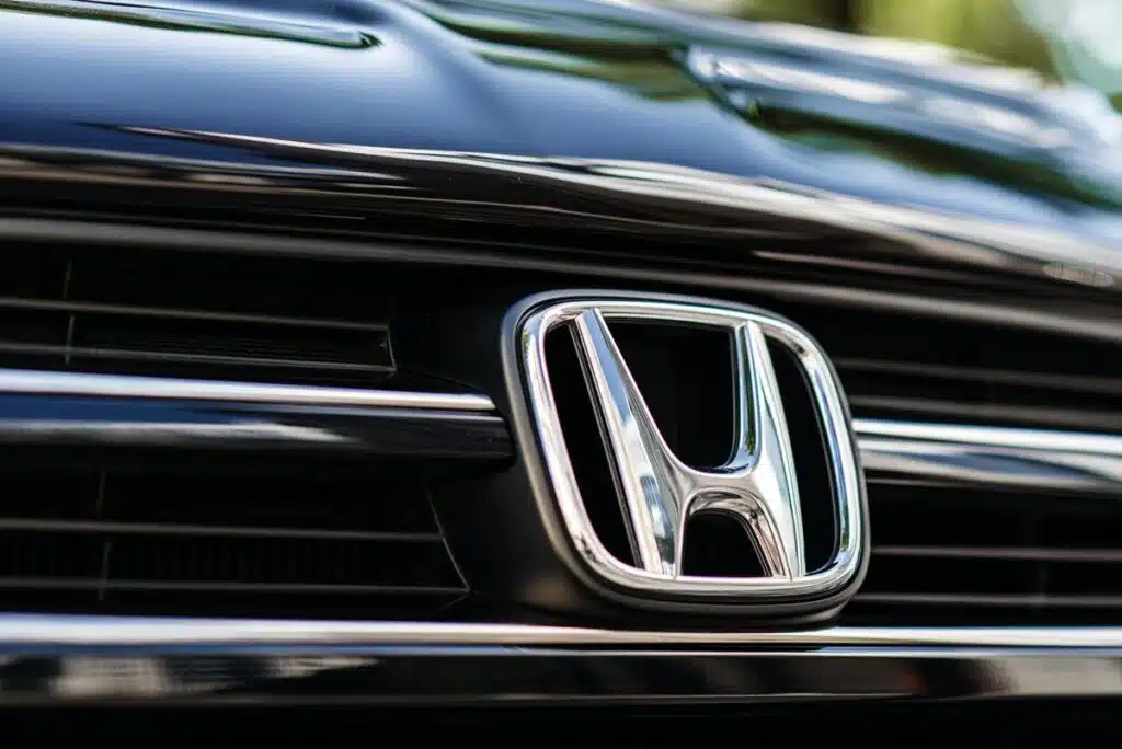 Honda motor company badge on the from of a black car.
