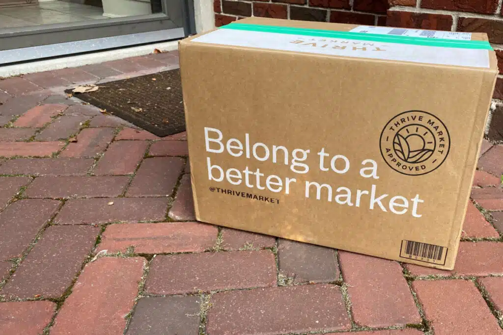 Thrive Market delivery box on outside porch