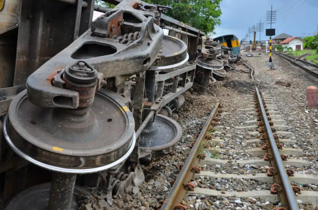 Close-up of train derailing
