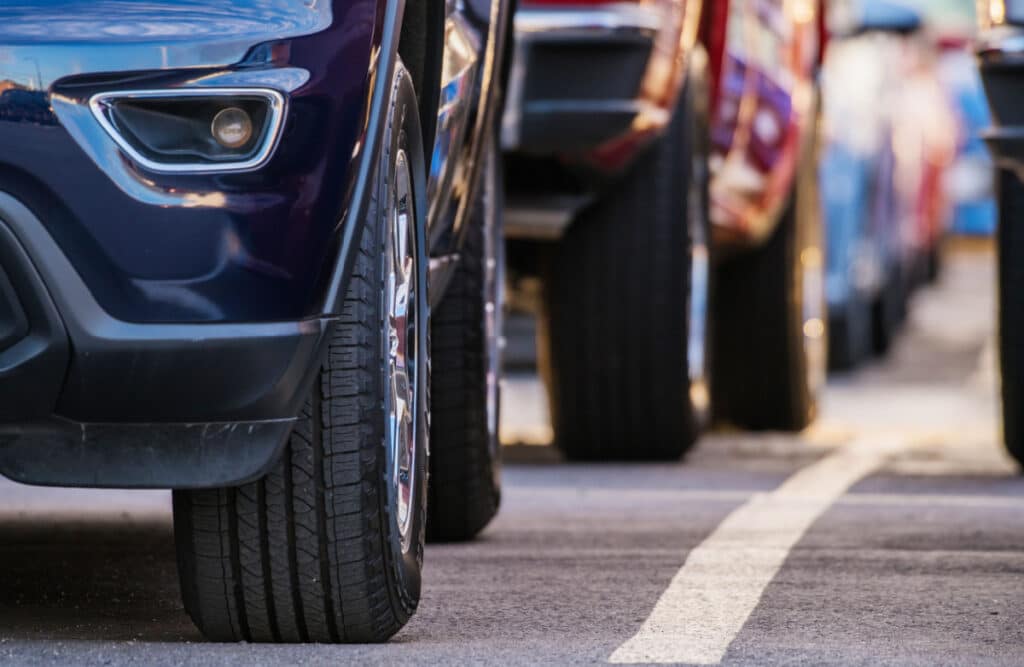Close up shot of vehicles lined up