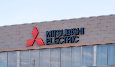 Mitsubishi Electric sign on building representing the Mitsubishi CRT antitrust settlement.