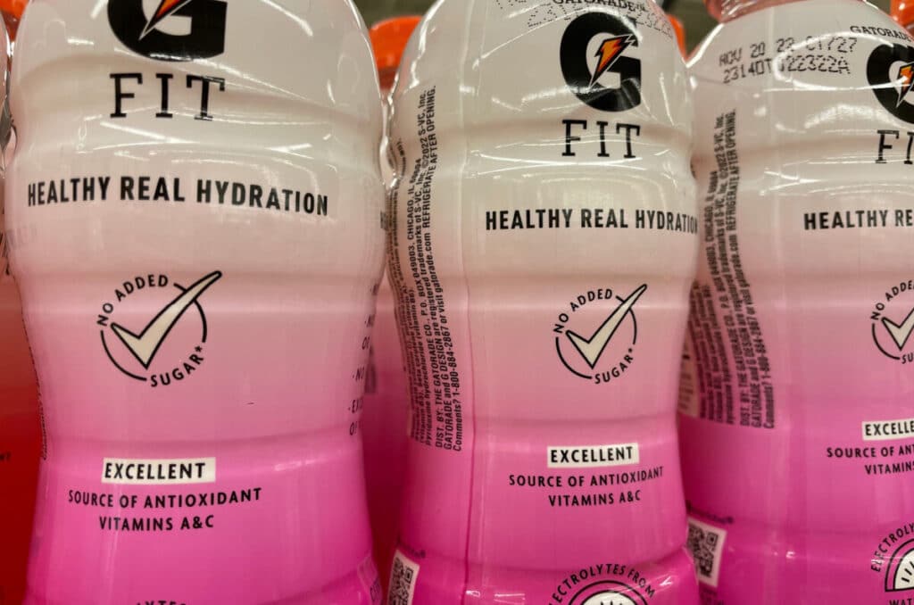 Close up photo of 2 bottles of Gatorade Fit
